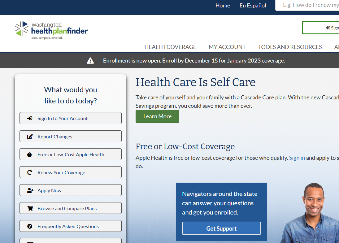 Washington Healthplanfinder homepage